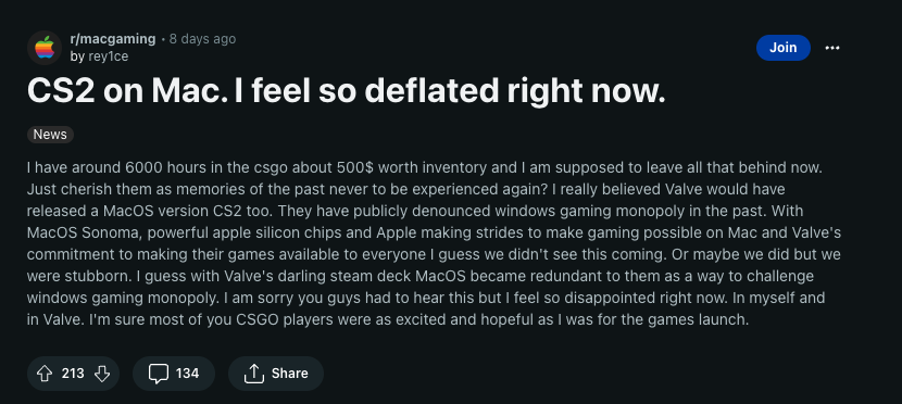 Screenshot of Reddit post about CS2 not working on a Mac